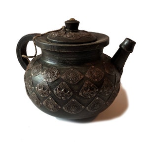 Asian Wooden Teapot Covered In Embossed Metal Medallions