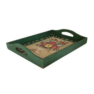 Wooden Painted Serving Tray Chippy Green With Flowers