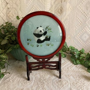 Chinese Silk Embroidery Panda Under Glass Rotating Rosewood Stand