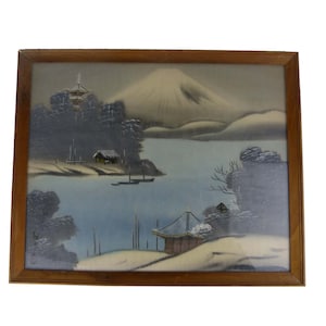 Vintage Oil Painting Japanese Landscape On Silk Mt Fuji Across Lake Fujigoko Region