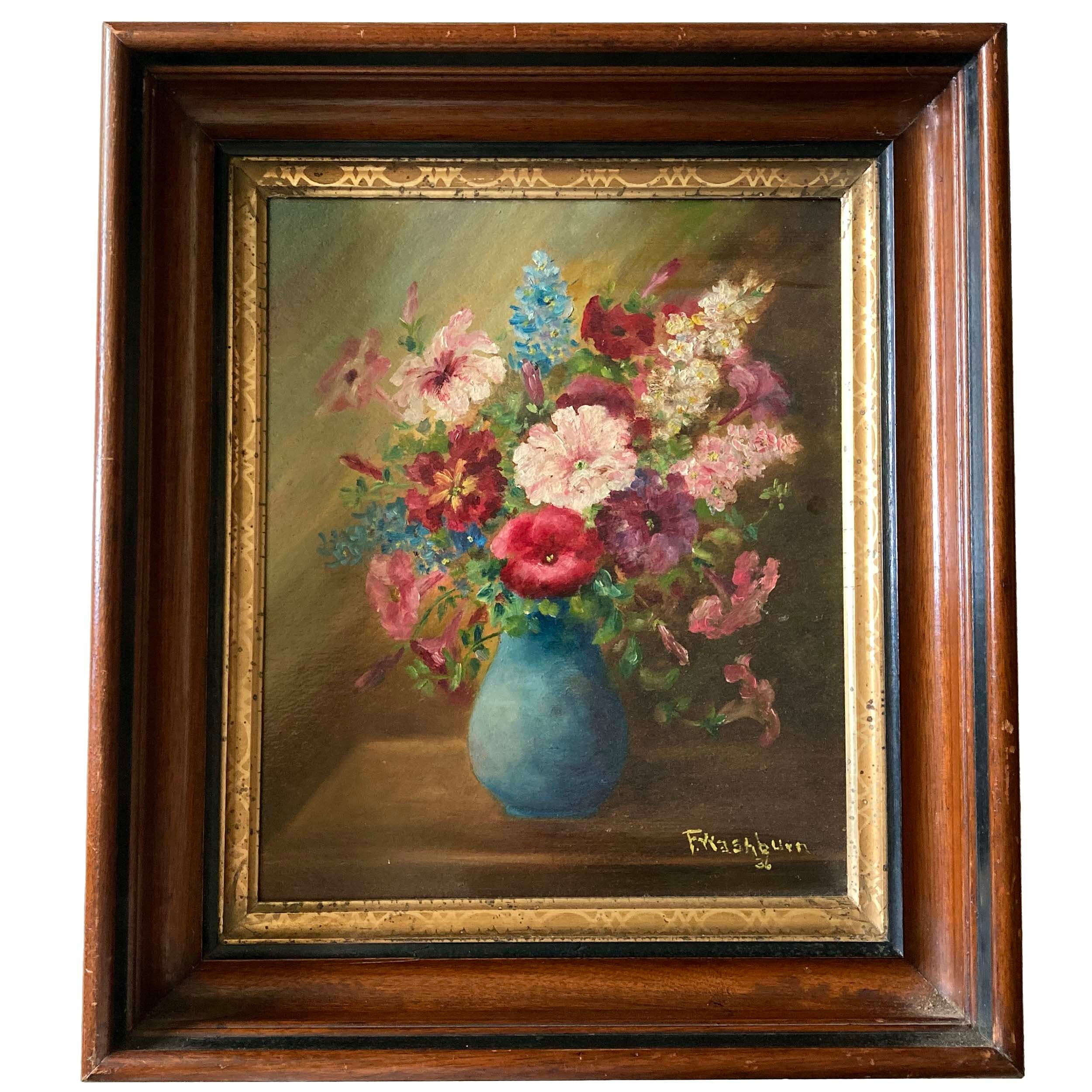 【値下げ】PAINTING GILDED FLORALS AND FRUITS Oil Painting Beautiful Floral Signed F. Washburn 1936
