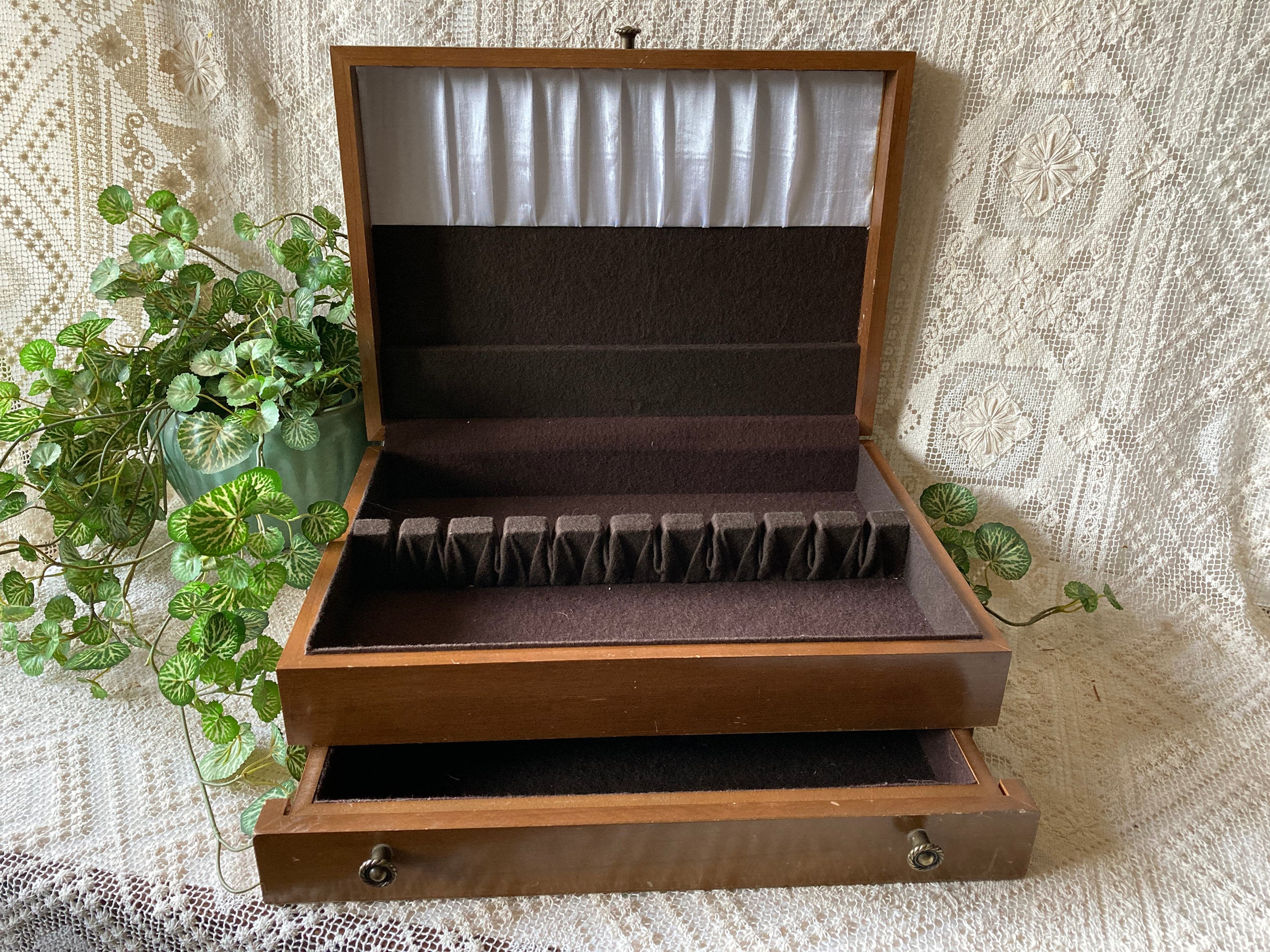 Wooden Silverware Storage Chest Canteen Brass Hardware 2 Levels