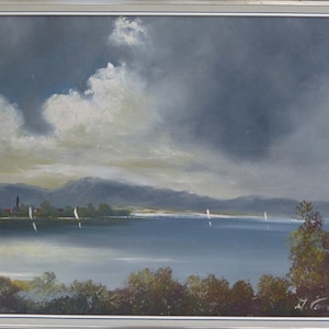 Oil Painting Landscape Lake & Mountains Signed Framed Vintage