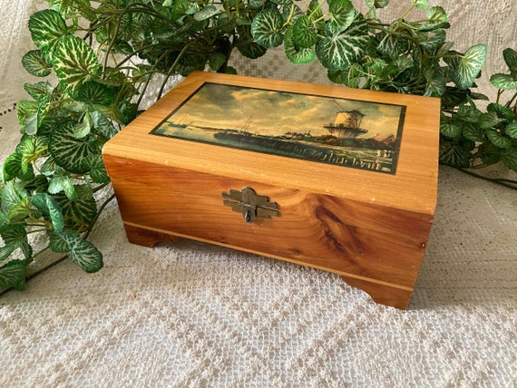 Wooden Cedar Keepsake Chest  Jewelry Box Dutch Sc… - image 1