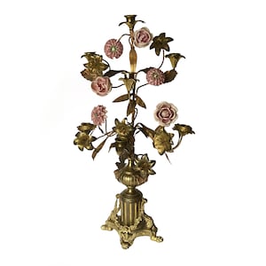 French Antique Church Altar Candelabra Porcelain Pink Flowers Gilt Metal Leaves Ormolu Base