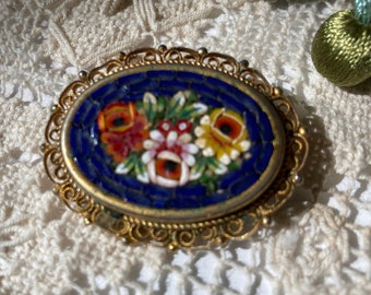 Italian Micro Mosaic Floral Roses Brooch Vintage Jewelry