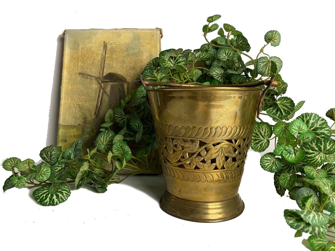 Brass Bucket Planter Pierced Design Reticulated Handle Etsy