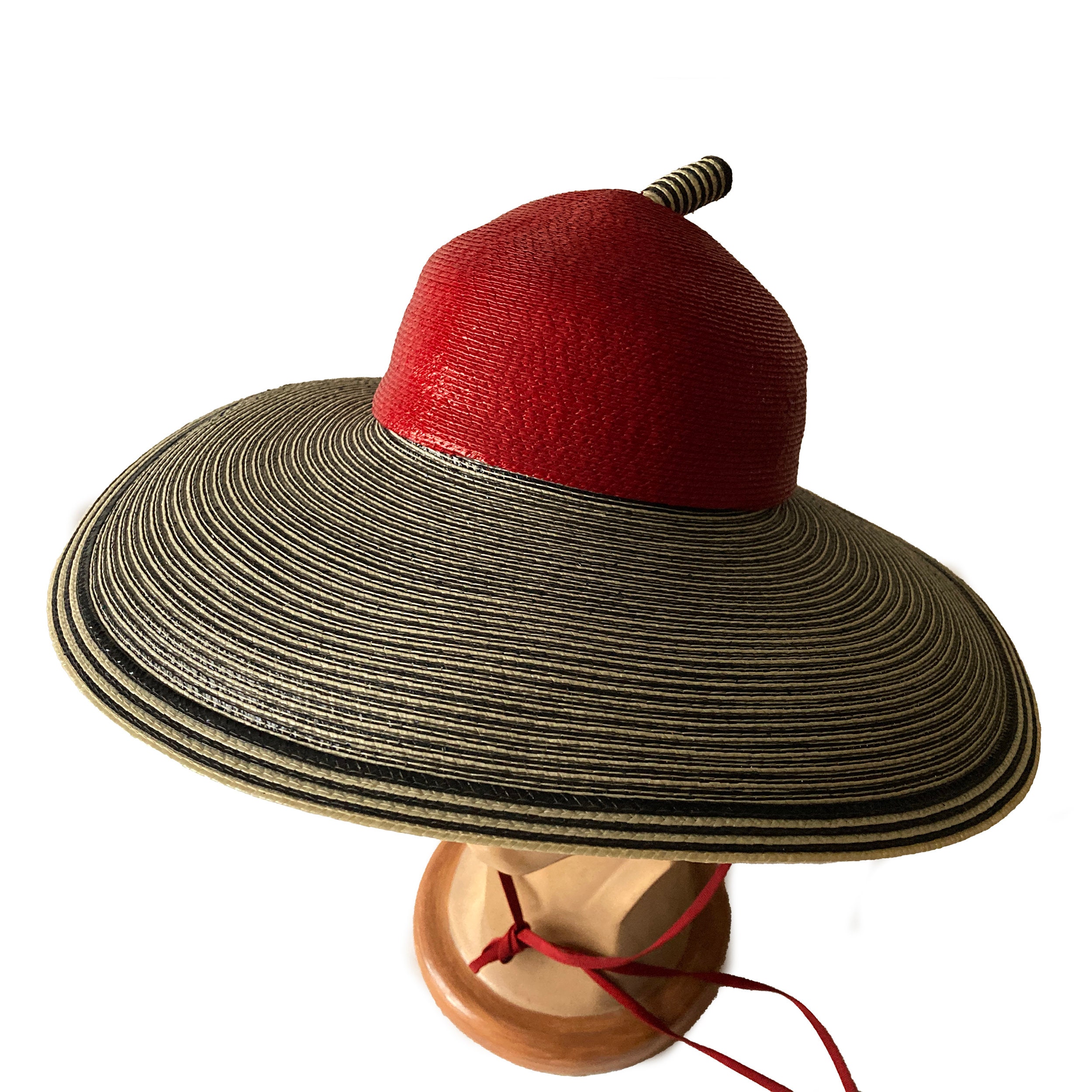 Adolfo II Vintage Wide Brim Straw Hat: Red, Black & White  display picture 1