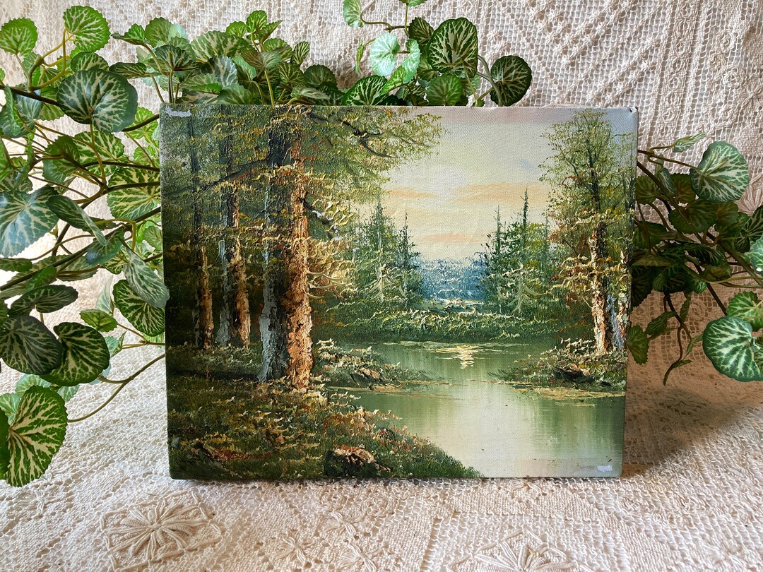 Landscape Oil Painting Trees Lake Vintage Decorative Art Oil on Canvas ...