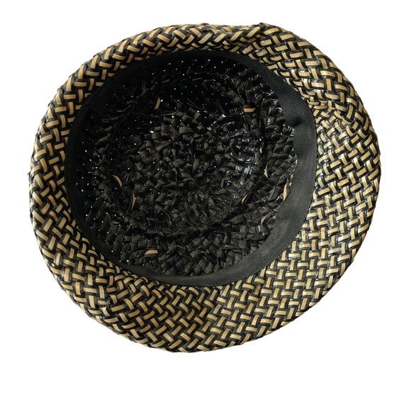 Black & Cream Straw Hat with velvet bow 1950s-60s - image 10