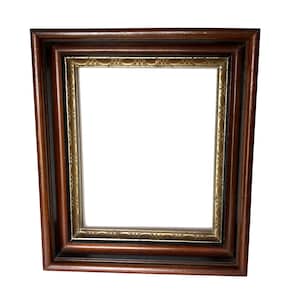 May include: A rectangular picture frame featuring a dark brown wooden outer border and an inner gold-toned metal trim. The gold trim displays a repeating etched pattern along its surface. The frame is empty, revealing a hollow center space.