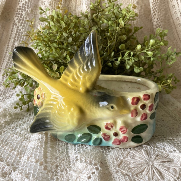 Ceramic Flying Bird And Flowers Planter Soft Spring Colors