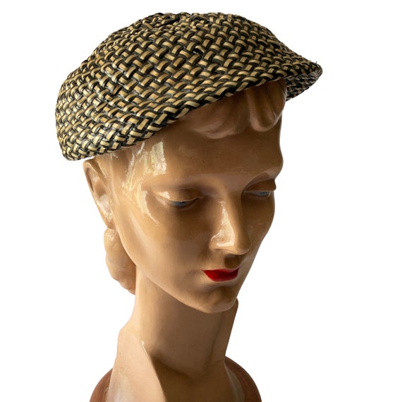 Black & Cream Straw Hat with velvet bow 1950s-60s - image 2