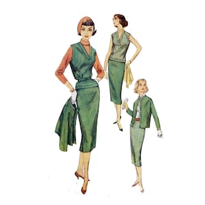May include: Illustration of three women in vintage outfits. One wears a green dress with a matching jacket, another a green and white plaid top and skirt, and the third a green dress with a matching jacket. The outfits are from a vintage fashion collection.