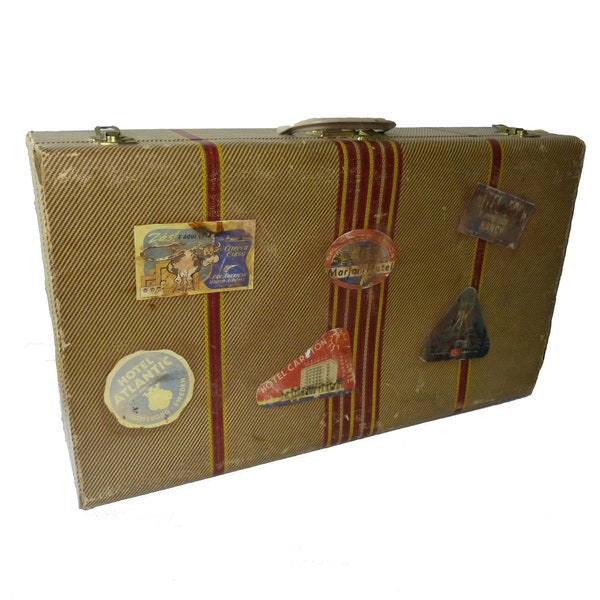 Vintage 1940s Large Cardboard Suitcase Tan Red Stripes Covered in Travel Stickers Luggage