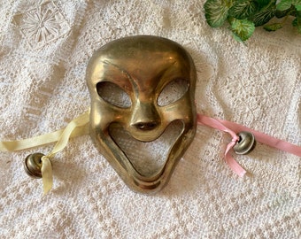 Brass Carnival Smiling Mask With Streamers and Bells