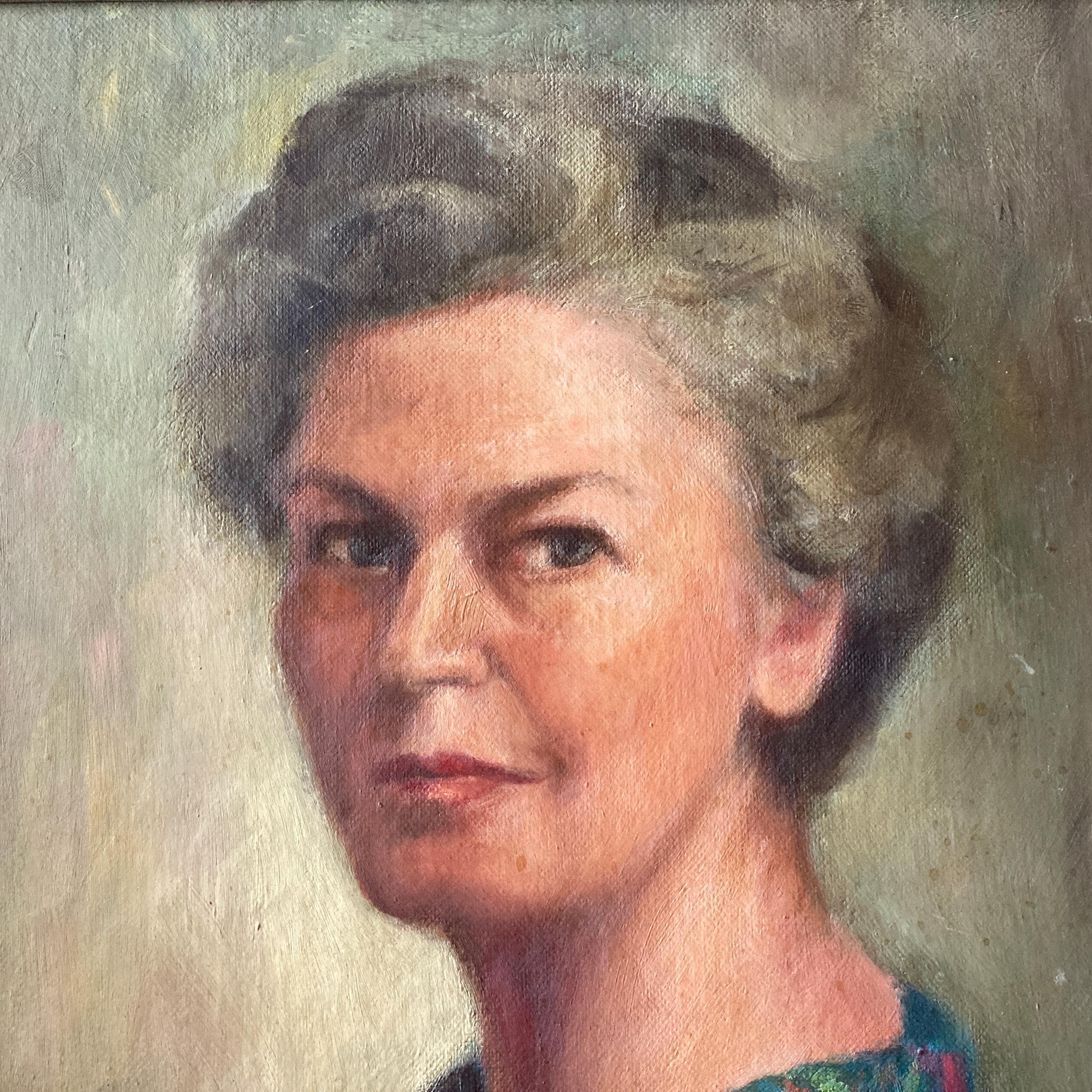 ヴィンテージ油絵肖像画：花柄のドレスを着た女性、サイン入り