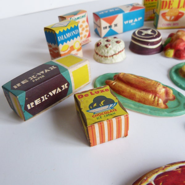 Lot of Vintage celluloid Dollhouse Food and Product Boxes
