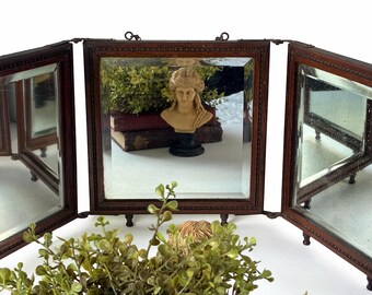 Tri Fold Hinged Shaving Antique Beveled Mirror Wall Hung or Freestanding