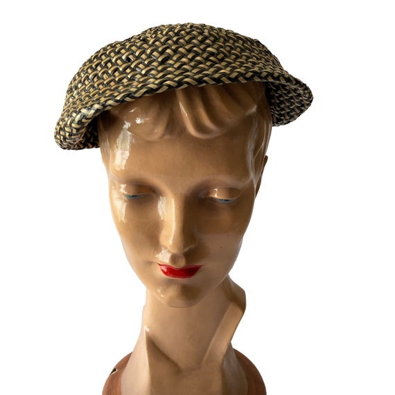 Black & Cream Straw Hat with velvet bow 1950s-60s - image 3
