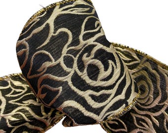 Wired Ribbon 3 Rolls Gold Lame Outline Roses On Black  4" Wide 5 Yards 1/2 Price