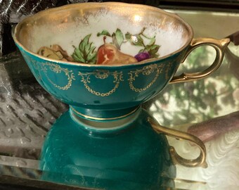 Vintage Royal Sealy China Teacup Fruit Painting Interior Gold Trim Japan
