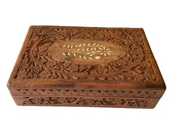 Intricate Carved Rosewood Box Floral Inlay Top Lined Interior India