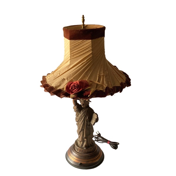 Statue Of Liberty Table Lamp With Nightlight & Original Silk Shade Bronzed Metal Vintage 1940s