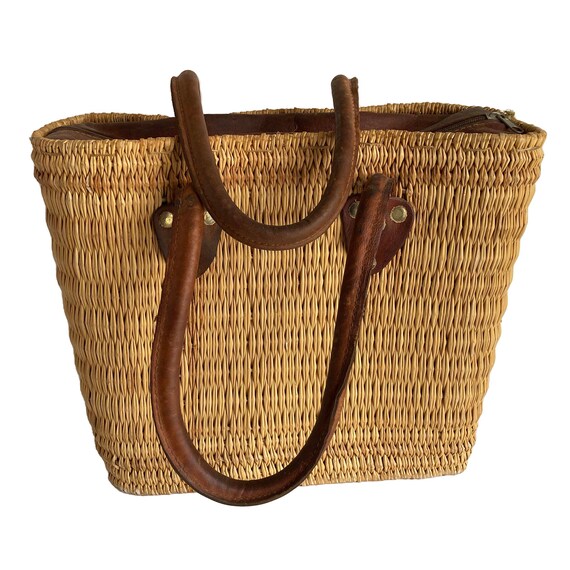 Natural Straw & Leather Market Bag Double Handle Top … Gem