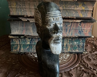 Carved Black Soapstone Bust Of Man Interesting Curiosity