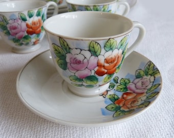 Charming Set Of 6 Hand Painted Floral Porcelain Teacups and Saucers Japan