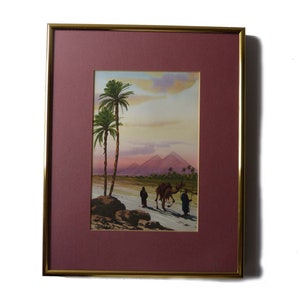 Original Gouache Desert Painting Signed By Egyptian Artist M. Okasha Cairo Framed 1950-60s