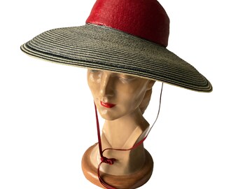 Adolfo II Vintage Wide Brim Straw Hat: Red, Black & White 