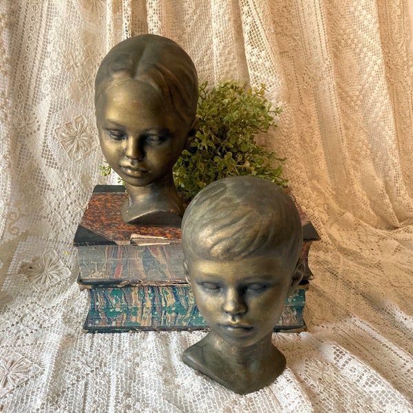 Pair Ceramic Busts Pair Of Young Children Bronzed Gold Finish