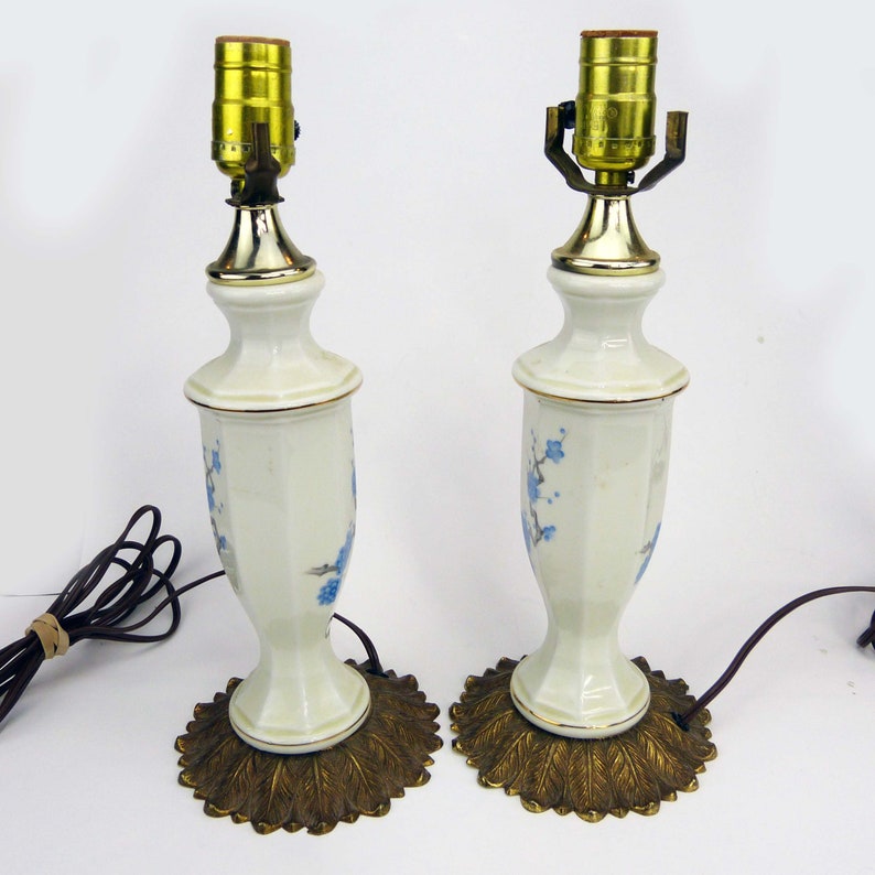 Cream Porcelain with Blue Flowers Pair Of Vanity Bedside Lamps