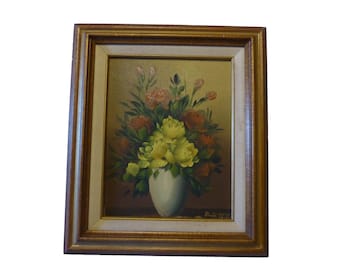 Oil Painting Rose Arrangement In Vase Mid Century Still Life Signed Framed