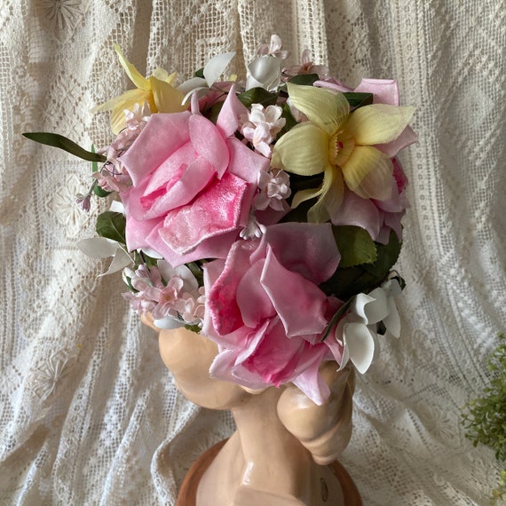 Lord & Taylor Spring Flower Hat Pink Roses Yellow… - image 4