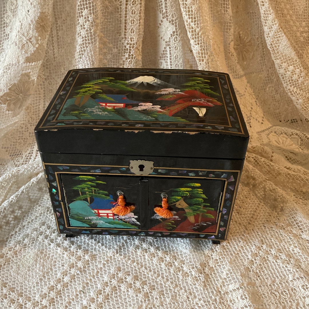 Japanese Musical Jewelry Box Hand Painted Scenes Lighted Panel Black