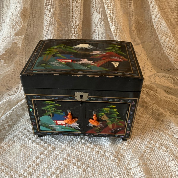 Japanese Musical Jewelry Box Hand Painted Scenes Lighted Panel Black Lacquer