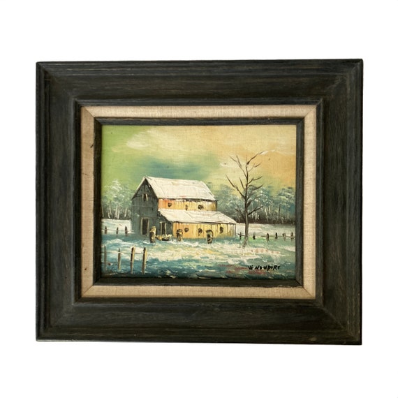 Oil Painting Rural Snowy Landscape Yellow Barn Vintage Signed W Newport
