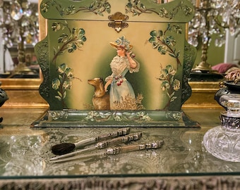 Victorian Lady's Vanity Celluloid Woman & Dog Box Circa 1900 - Paillard 3 Song Music Box - Shapely Large Box