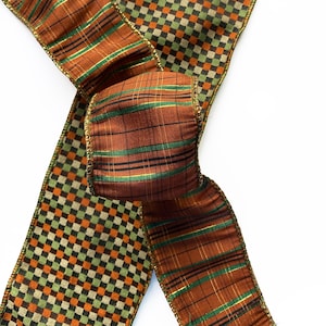 Wired Ribbon 4 Rolls Mixed Lot Moss Green Orange Black  Beige Check And Plaid  2.5&quot; & 4&quot; Wide 10 Yards