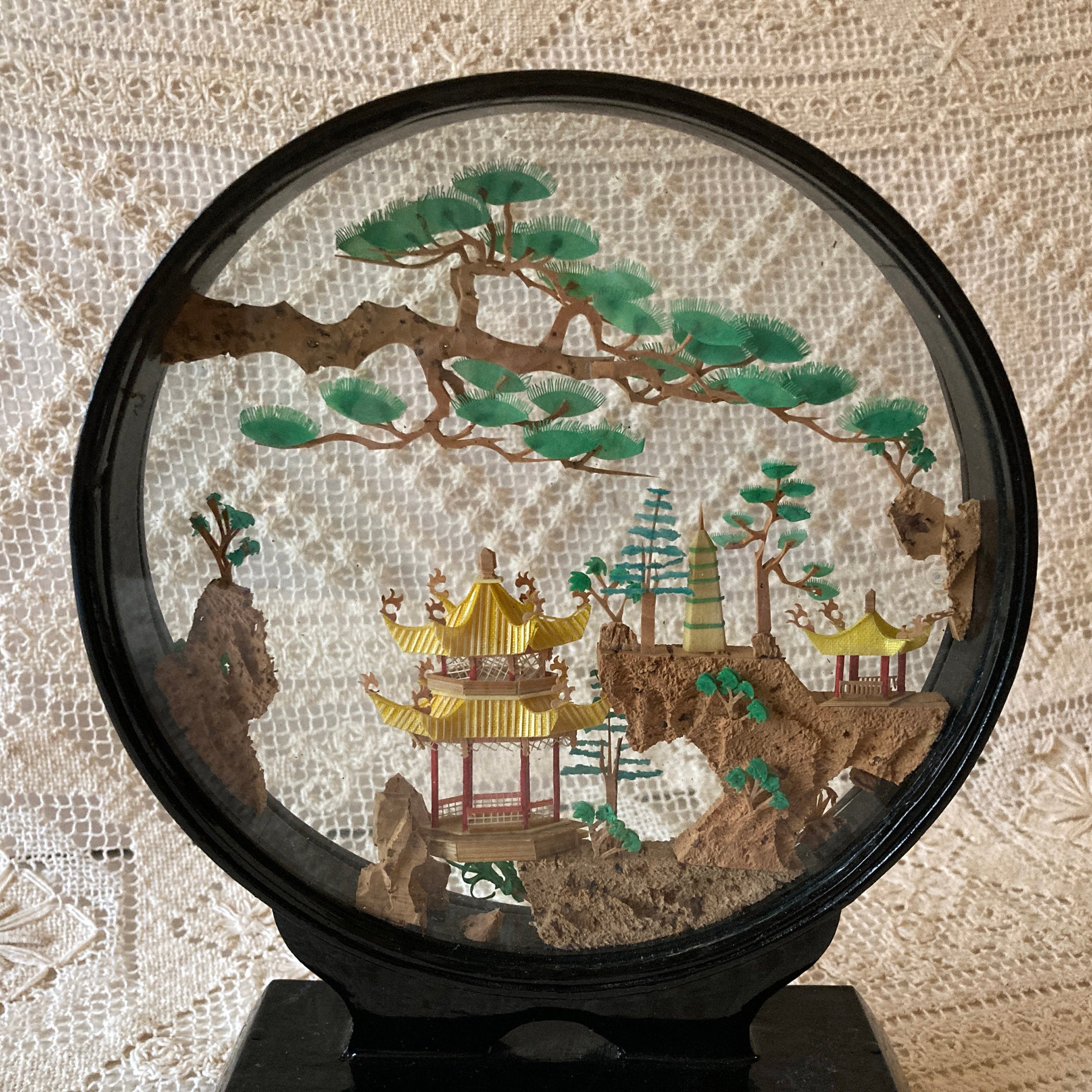 Vintage Fujian China Carved Cork Diorama Pagoda Cranes