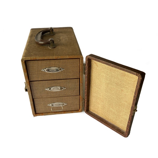 Vintage 1950s Barnette & Jaffee Slide Storage Case 3 Drawers Houndstooth Faux Leather