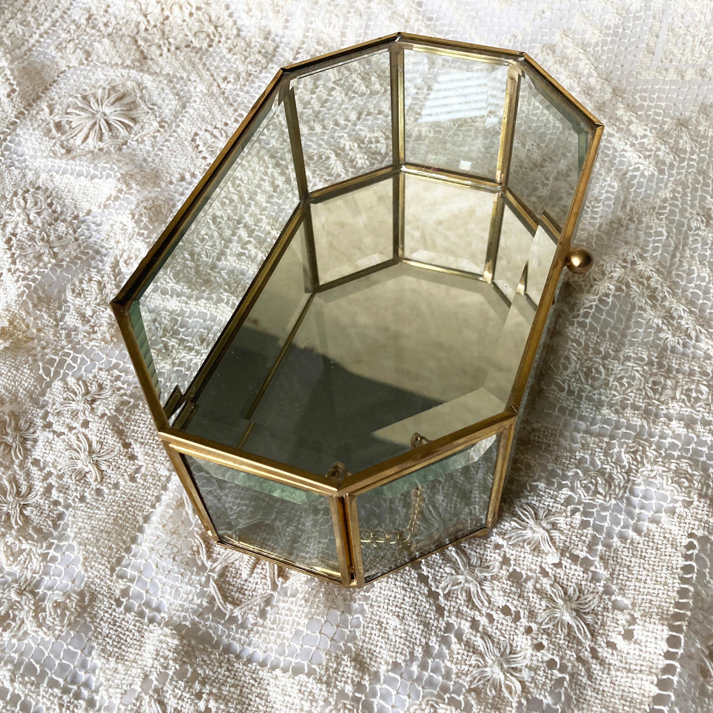 Petit Coffret à Bijoux Laiton Et Verre Biseauté - Vintage, Déco Vitrine, Occasion
