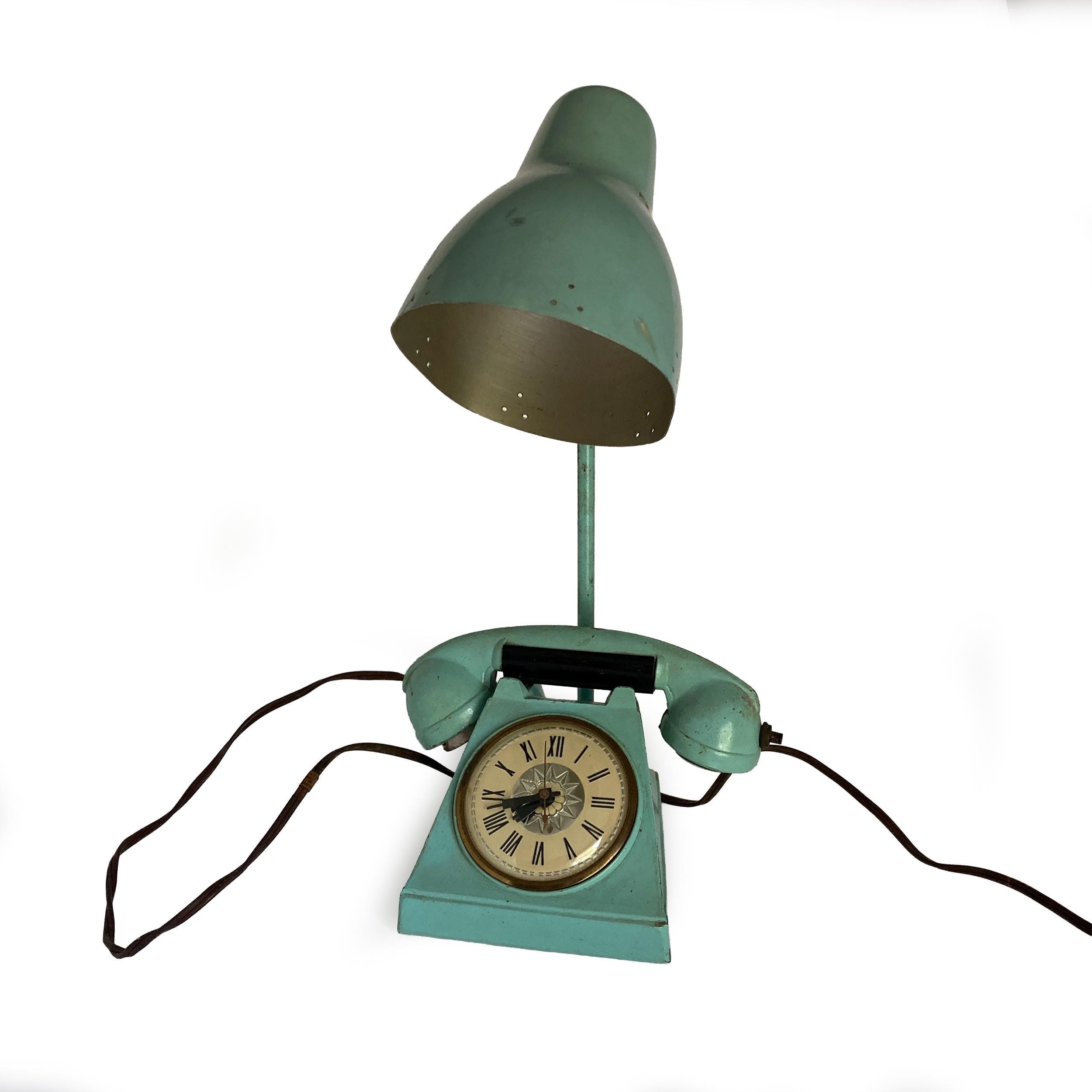 Vintage Trea Boye Turquoise Telephone Shaped Clock - Lamp Cone