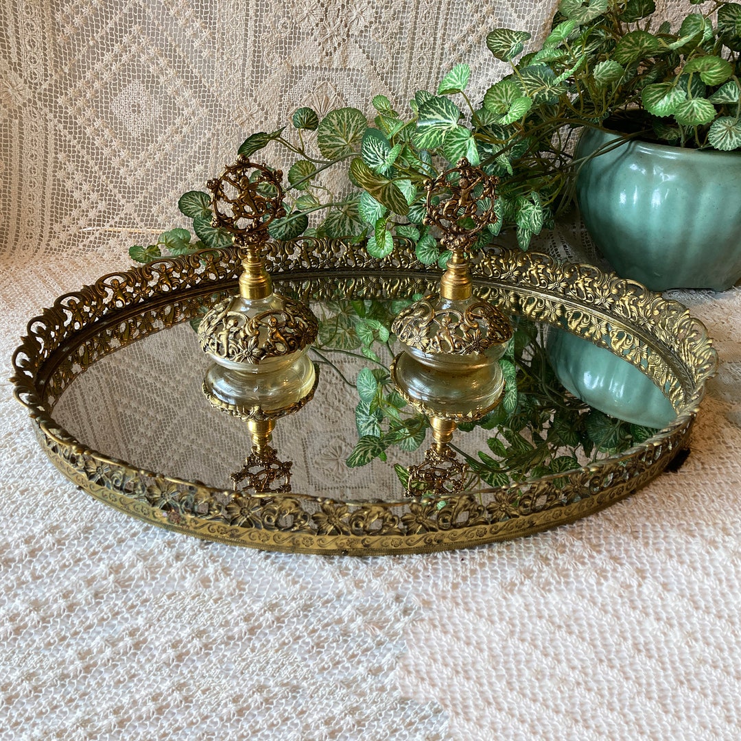 Oval Mirrored Vanity Tray Matching Ornate Pefume Bottles Intricate Gold
