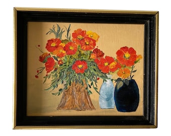 Oil Painting Still Life Vibrant Orange Poppy Flowers In Vases Framed Original