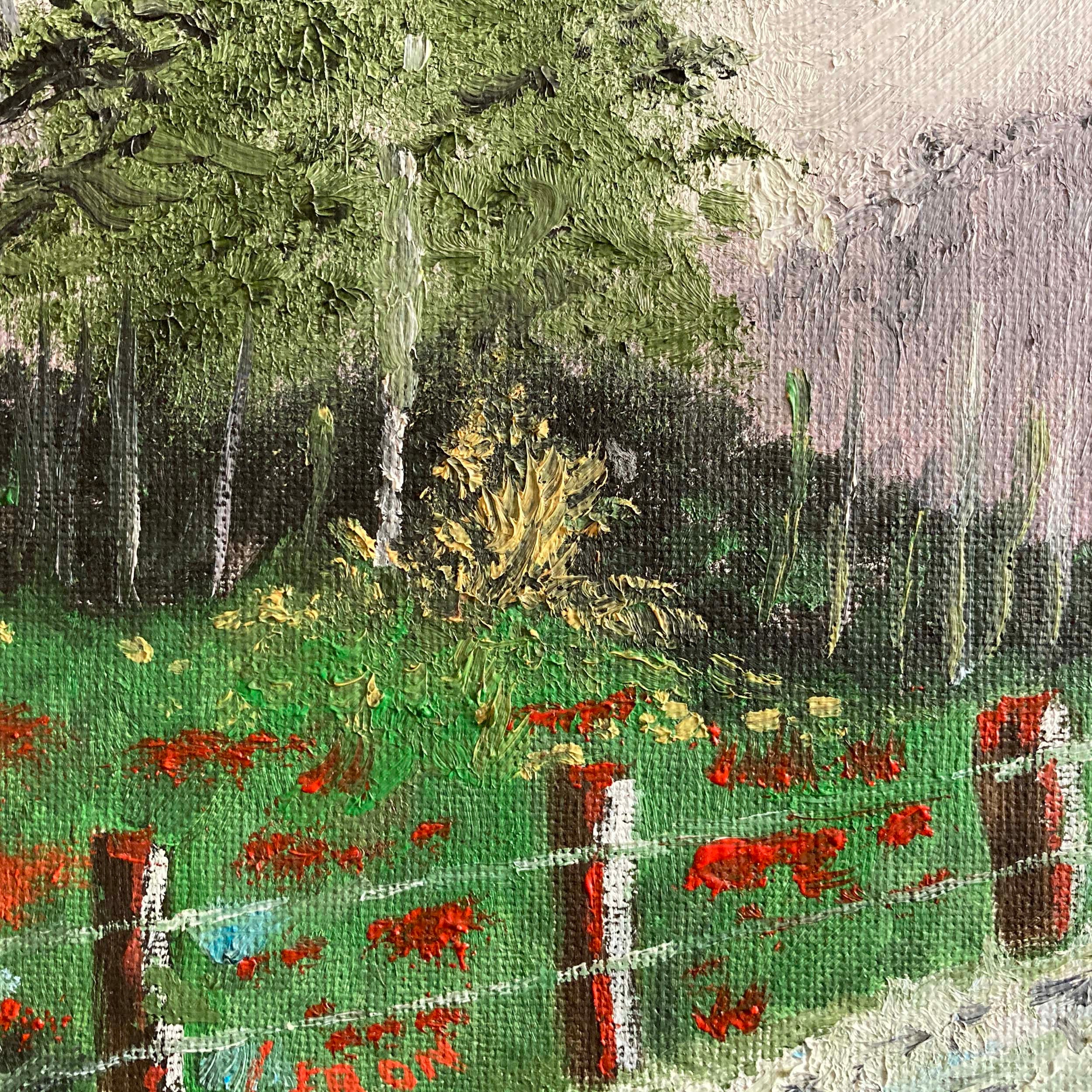 油絵 素朴な風景 山の家 風景 木々 サイン入り レノン 額入り
