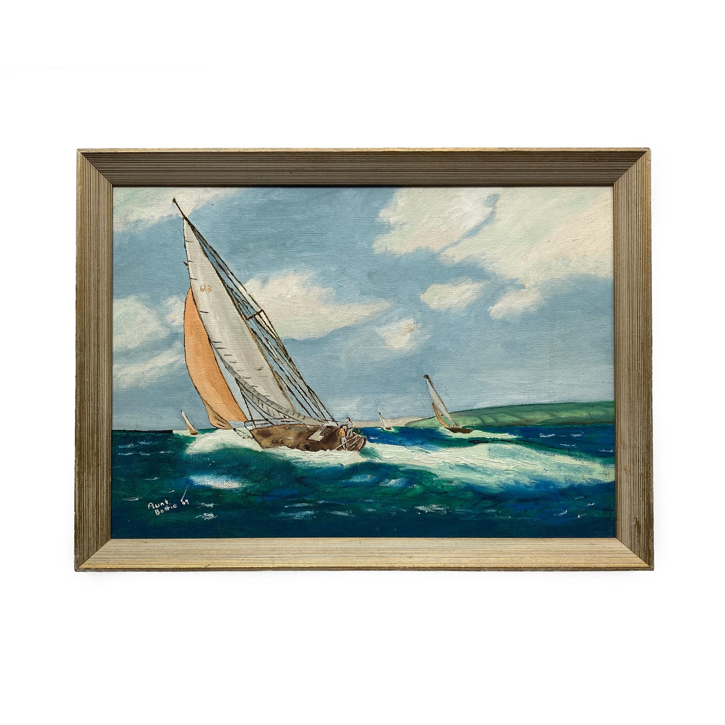 Oil Painting Sailboat Regatta Ocean Seascape Signed Framed Vintage 1969